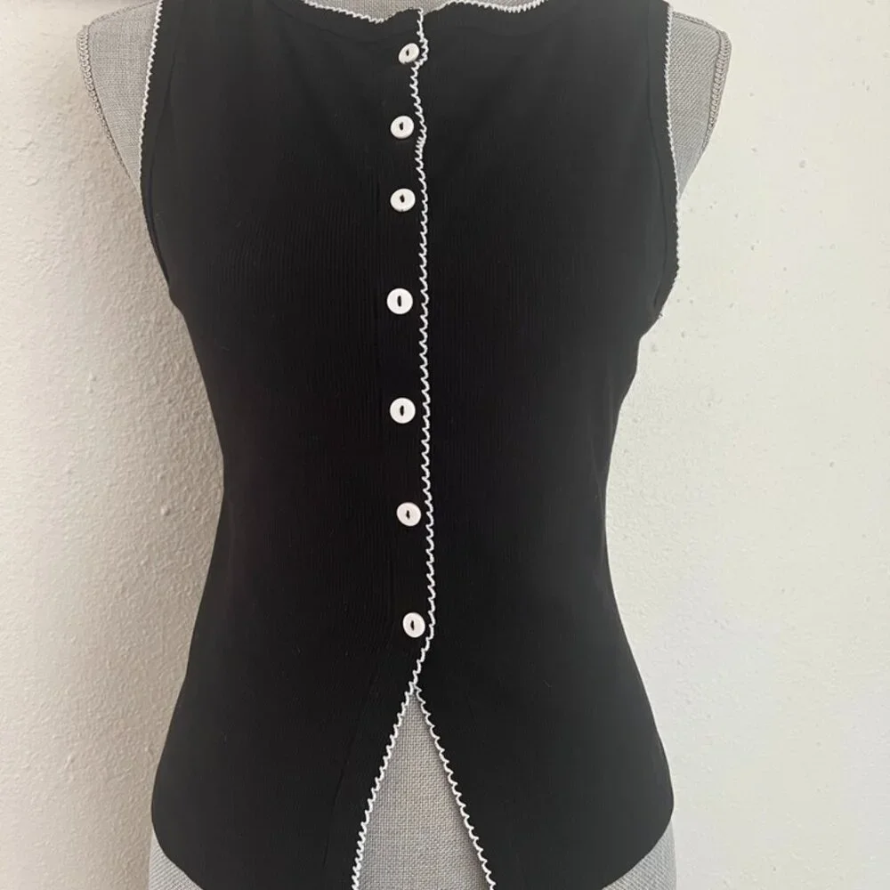 ASOS Black Contrast Trim Sleeveless Button Tank Top - Picture 1 of 5